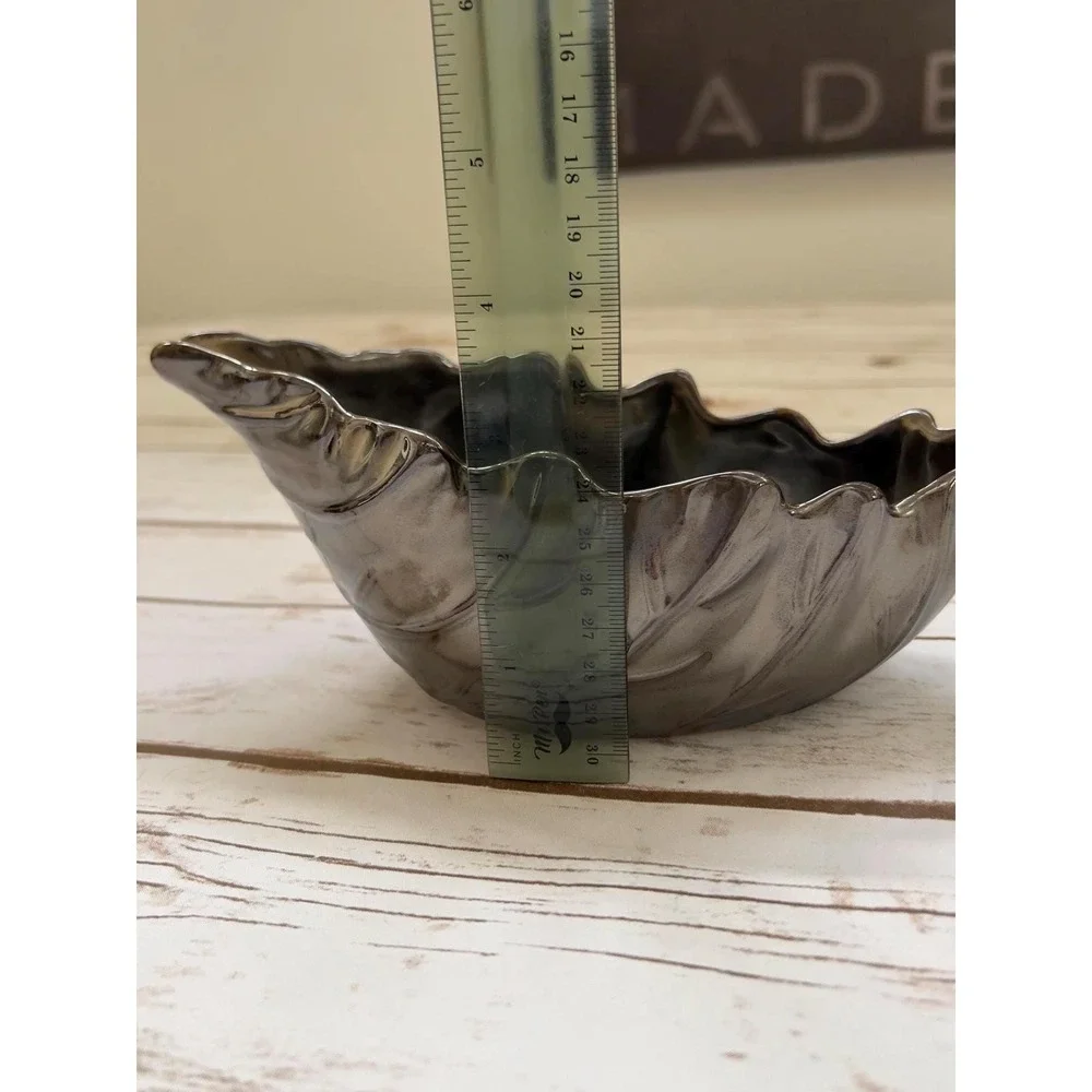 Pottery Barn Gravy Boat‎ with Ladle Bronze Leaf Design Metallic Glaze OS